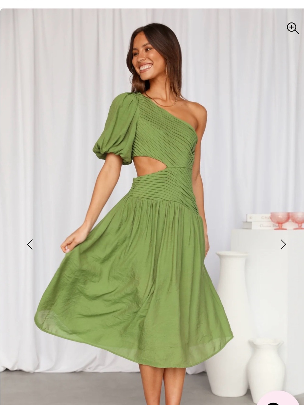 Hello Molly One-Shoulder Olive Green Midi Dress with Cutout and Puff Sleeve
